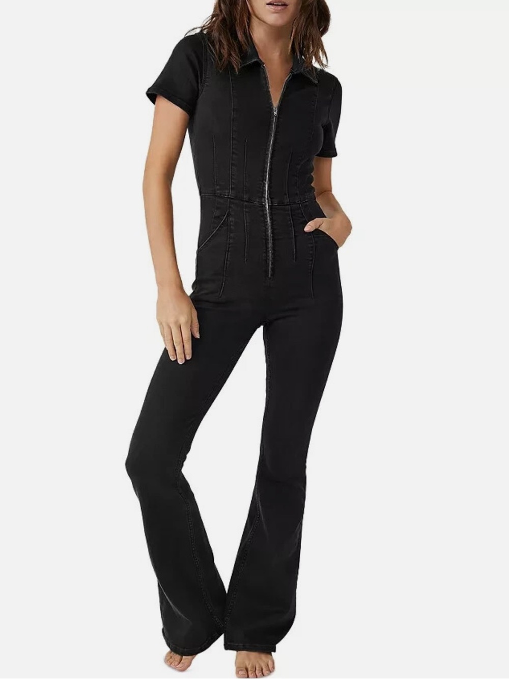 Free People - We The Free Black Short-Sleeve Zip-Front Jumpsuit